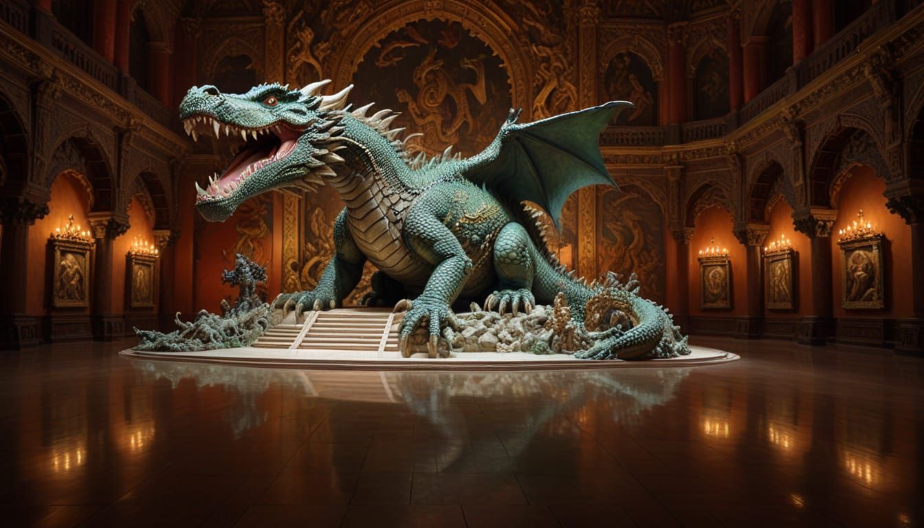 Majestic Dragon and Crocodile Sculpture in Ancient Grand Hal...