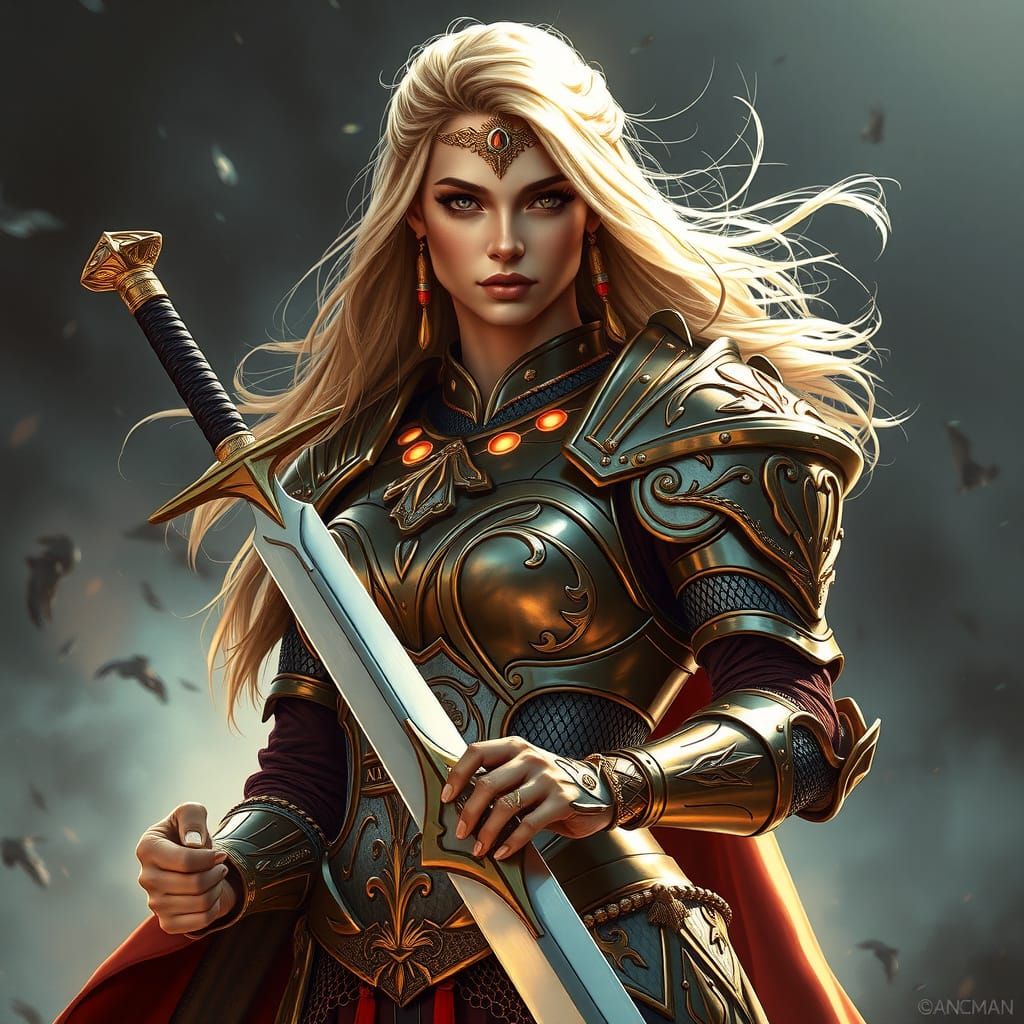 Warrior Queen in Golden Armor, Radiating Strength and Power