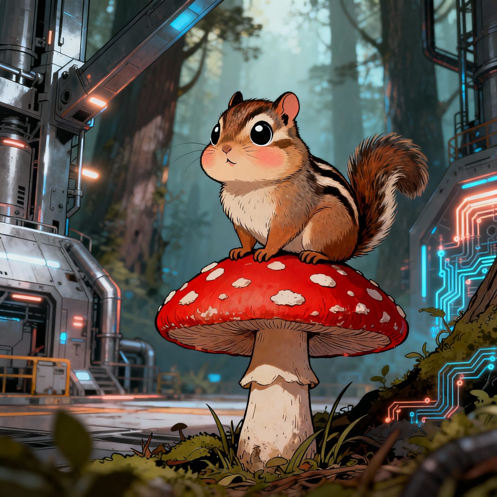 Adorable Chipmunk on Mushroom in Industrial Space Base