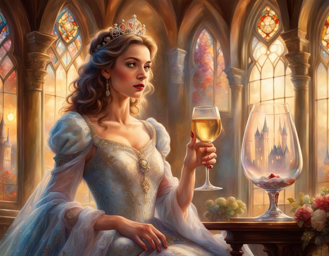 Princess Offers Wine to King in Fantasy Castle