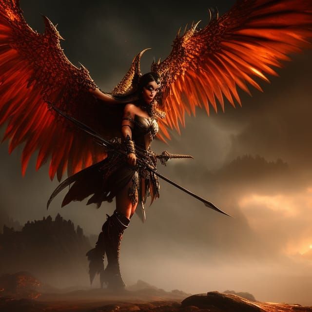 Fallen Angel with Black Wings in Gouache Style