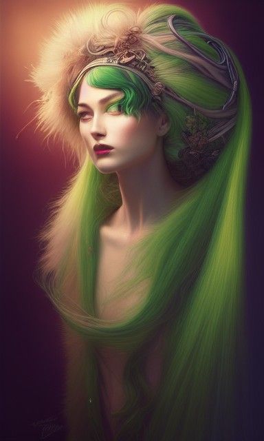 Hyperdetailed Androgynous Figure in Green Furry Dress