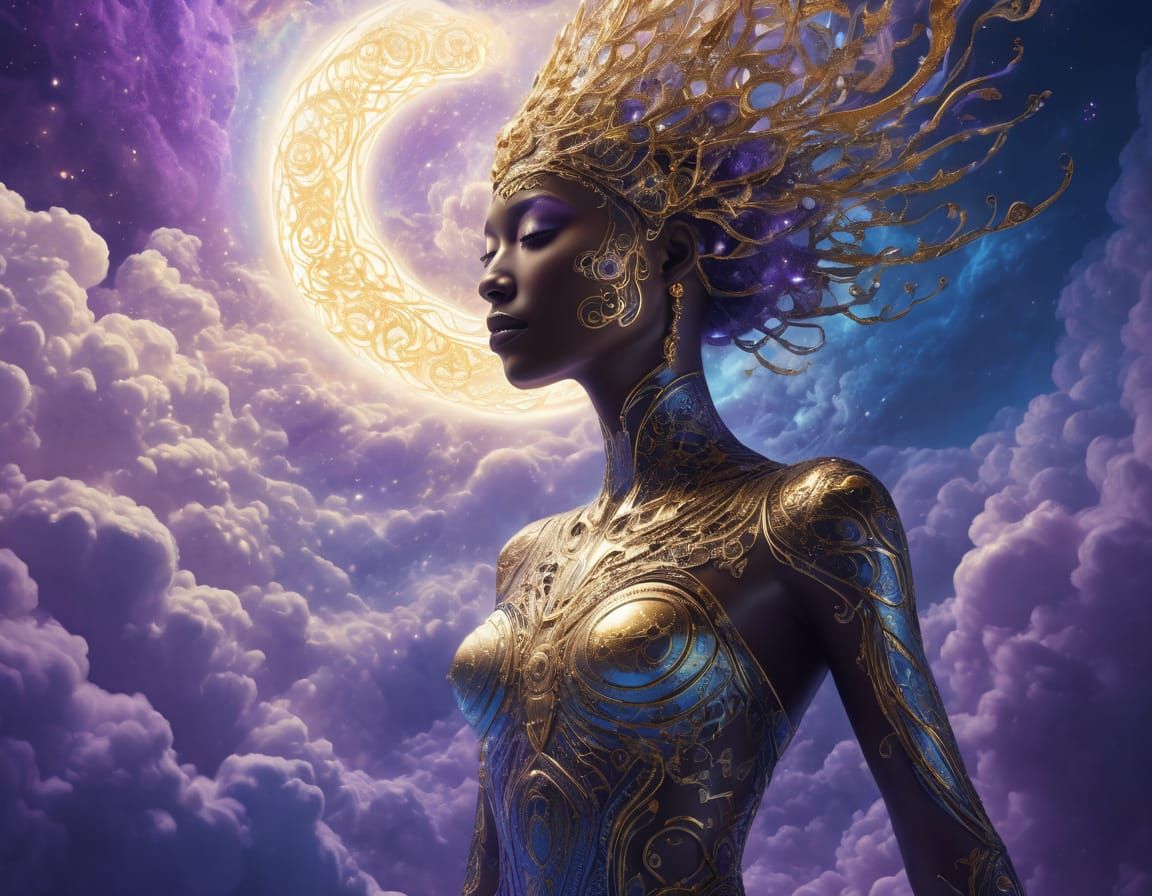 Celestial Spirit Radiates Ethereal Beauty in Intricate Gold