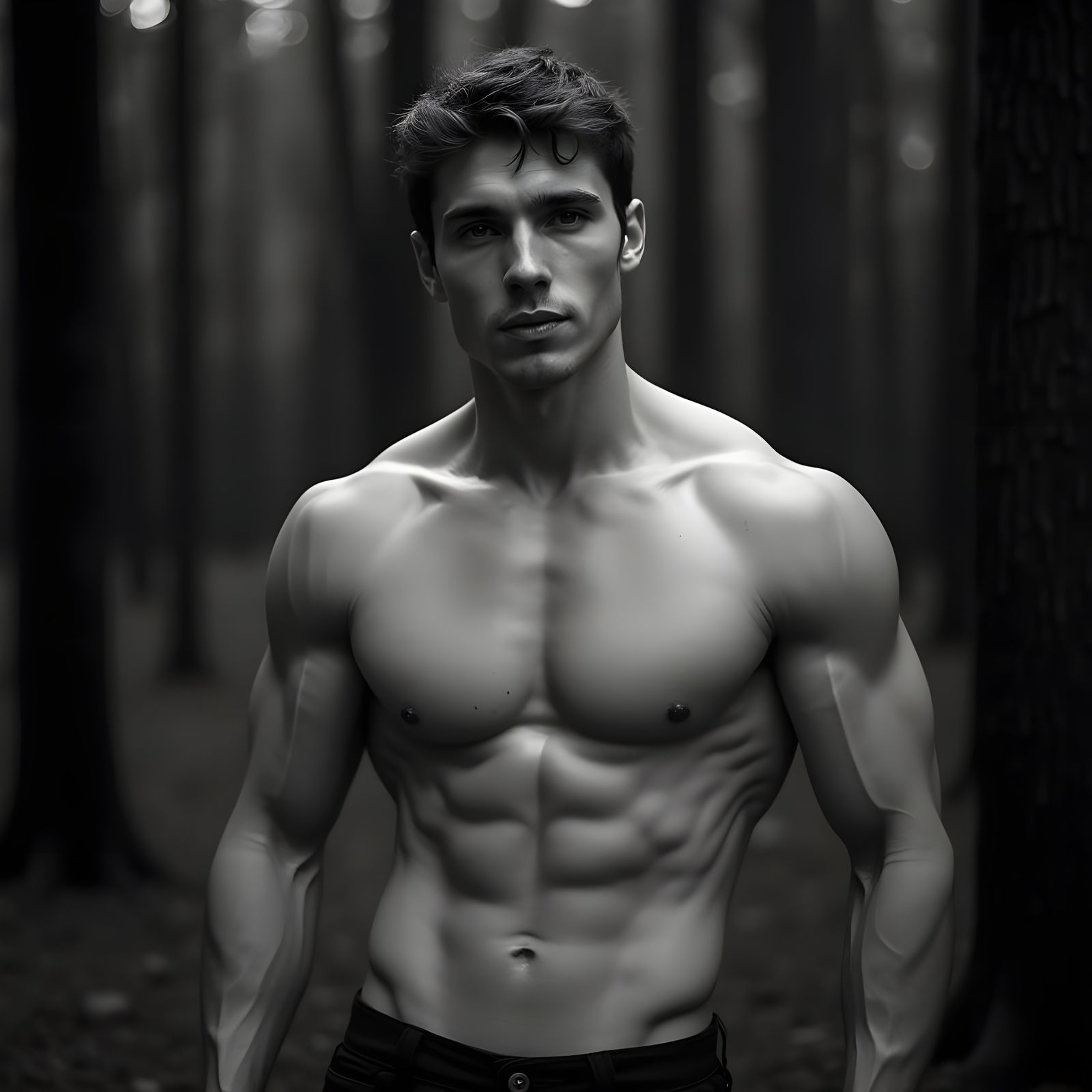 High Contrast Portrait of a Muscular Man in Forest