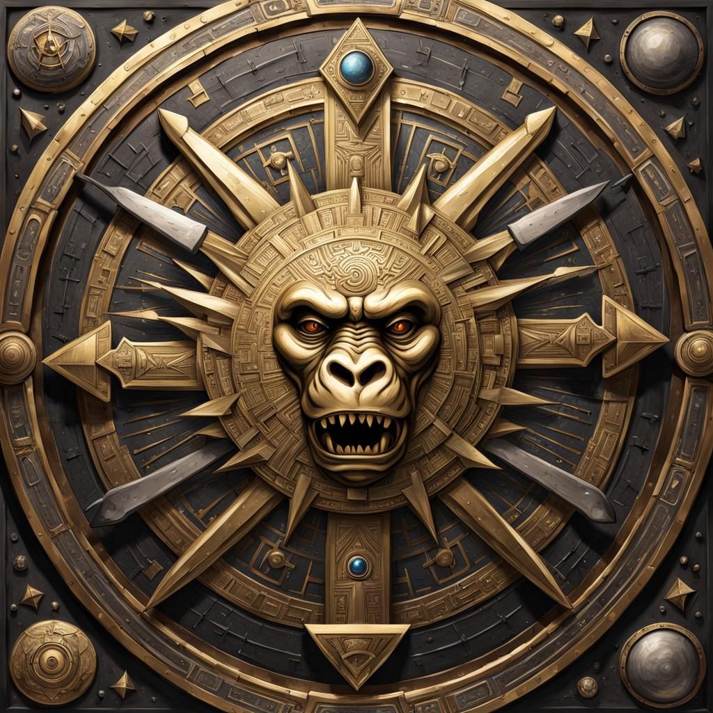 Ornate War Shield with Gorilla Face, Sinister Art