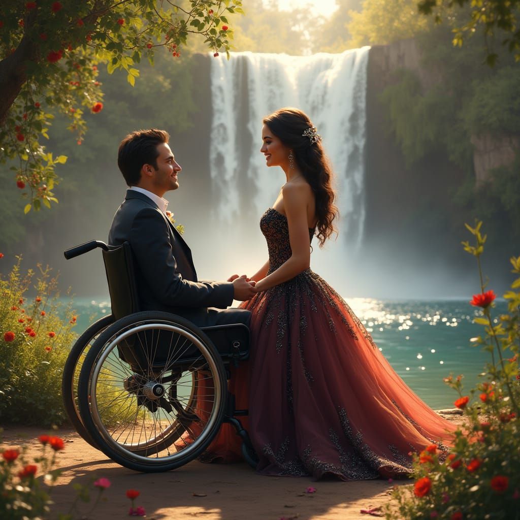 Romantic Waterfall Wedding Scene in Vibrant Colors