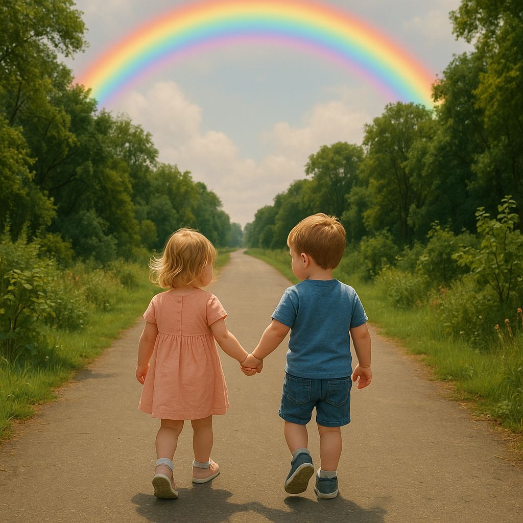 Siblings Stroll Under a Vibrant Rainbow