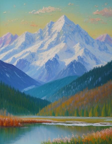 Neo-Impressionist Lake with Snow-Capped Mountains