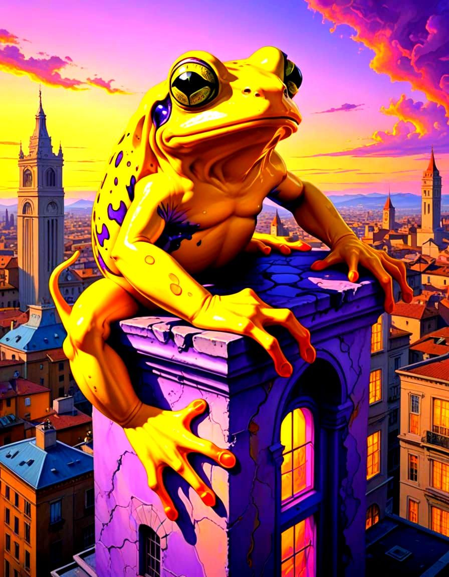 Giant Yellow Tree Frog Gargoyle Perched on Building