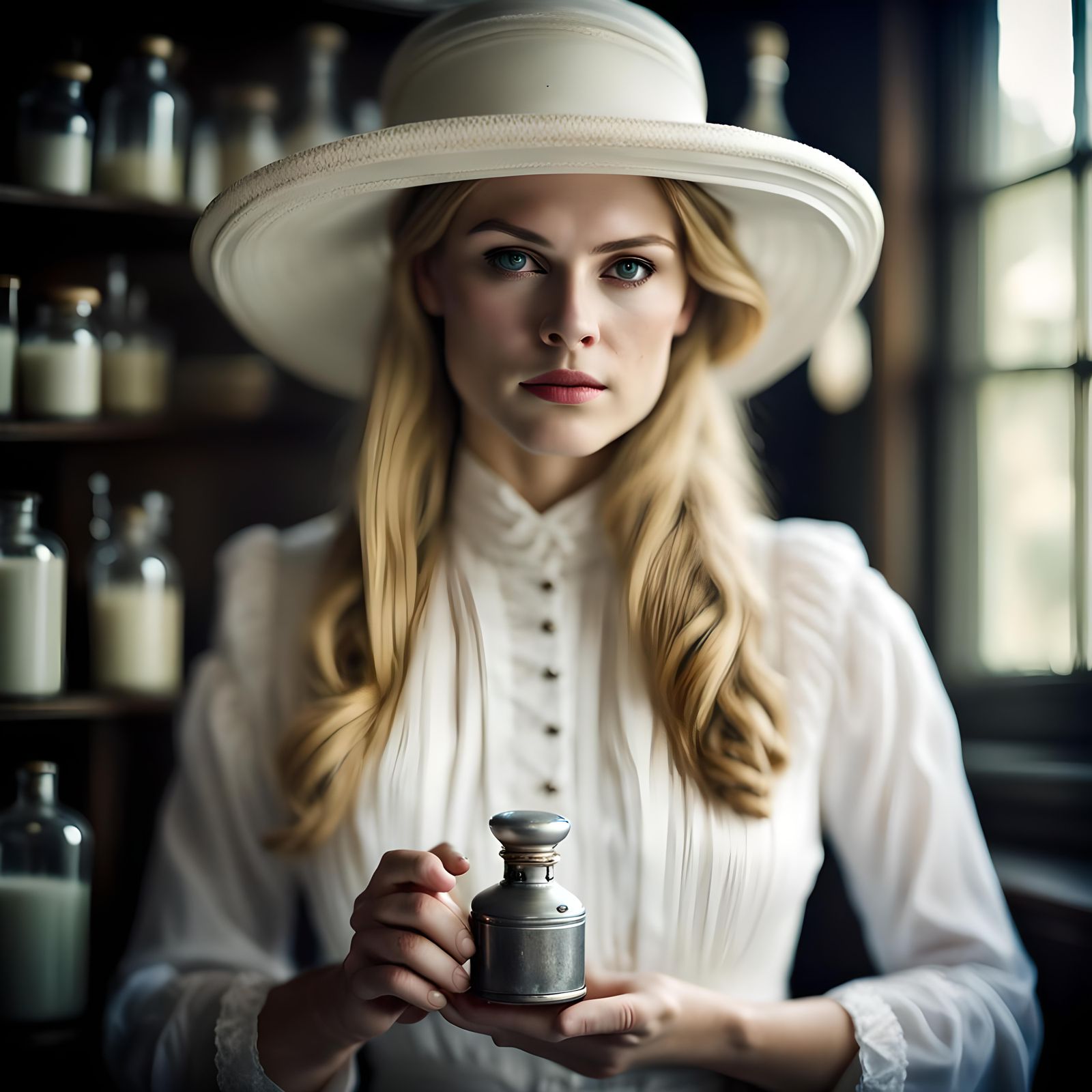 Edwardian Woman with Poison in Victorian Laboratory