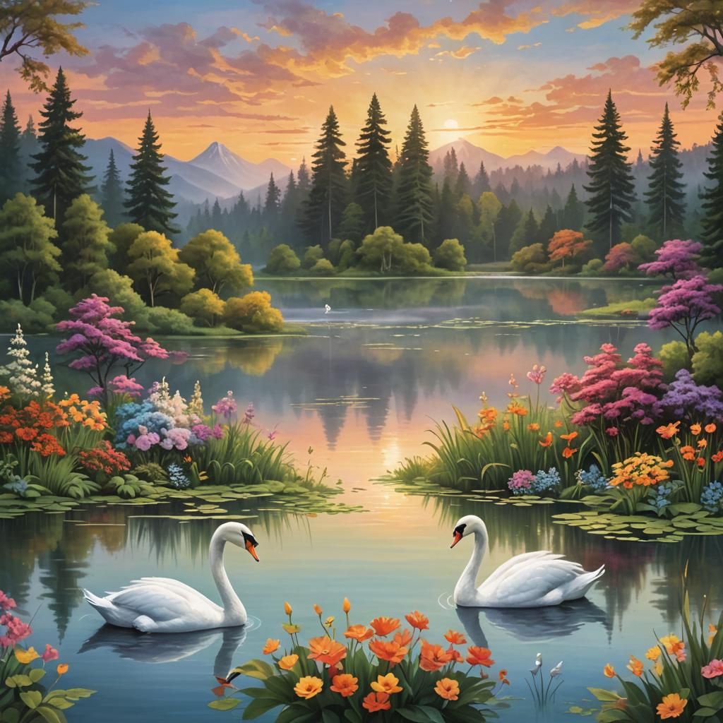 A serene natural landscape at sunset or sunrise with two ele...