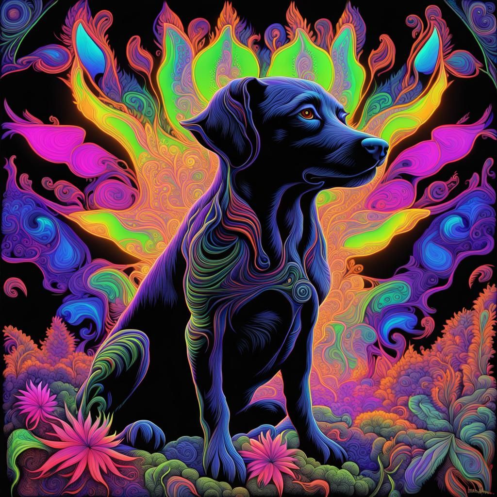 Black Light Fractal Dog in UV Fantasy Art