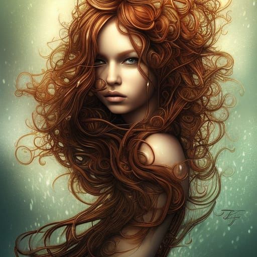 Colorful Digital Portrait of a Redhead in the Rain