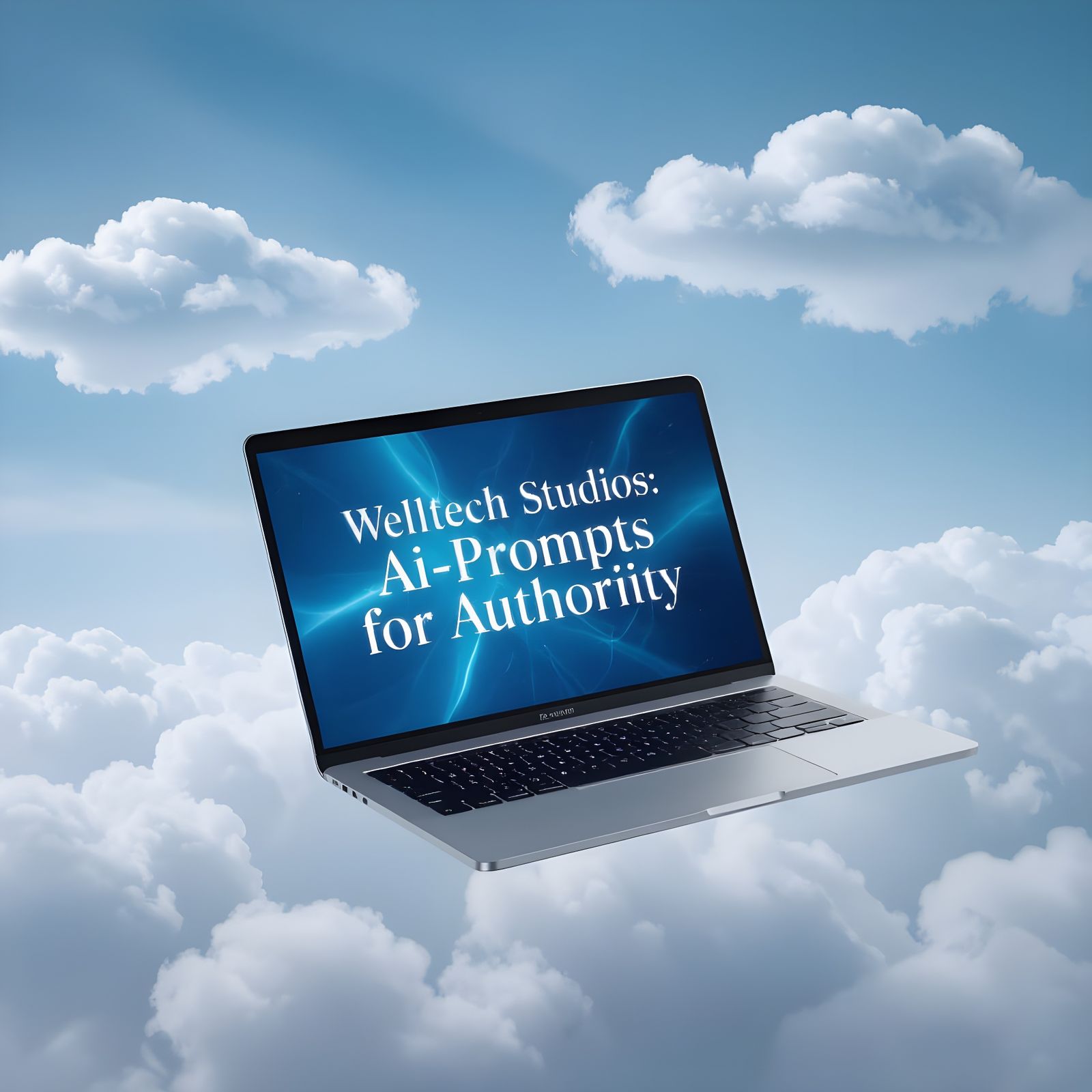 Silver Laptop Floating Amidst Clouds, Cinematic Style