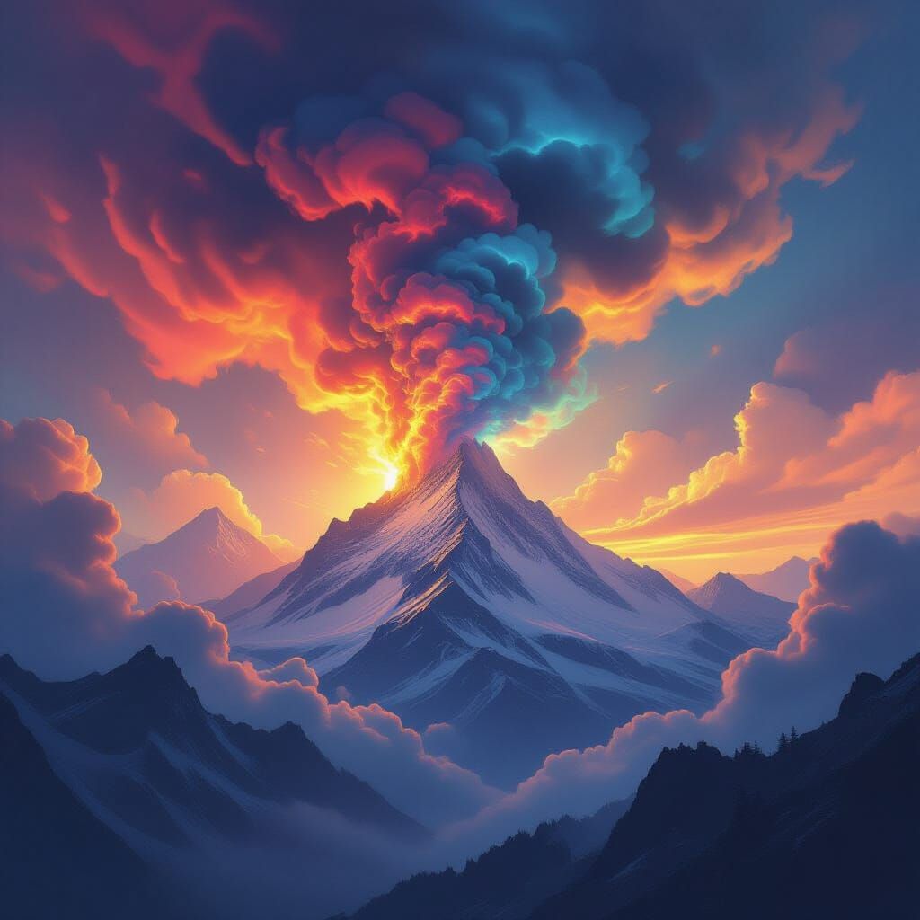 Majestic Mountain Peak Shrouded in Vibrant Swirling Smoke