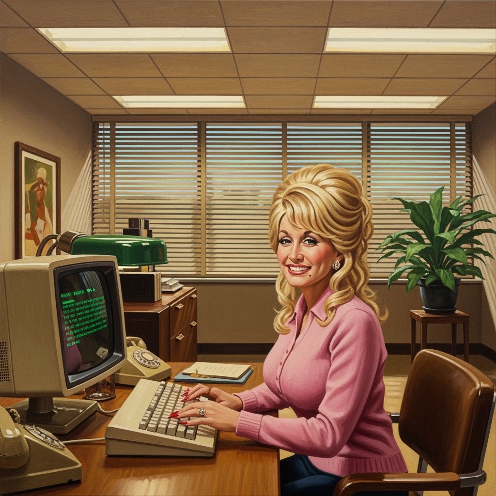 Dolly Parton Works in a 1970s Office Oil Painting