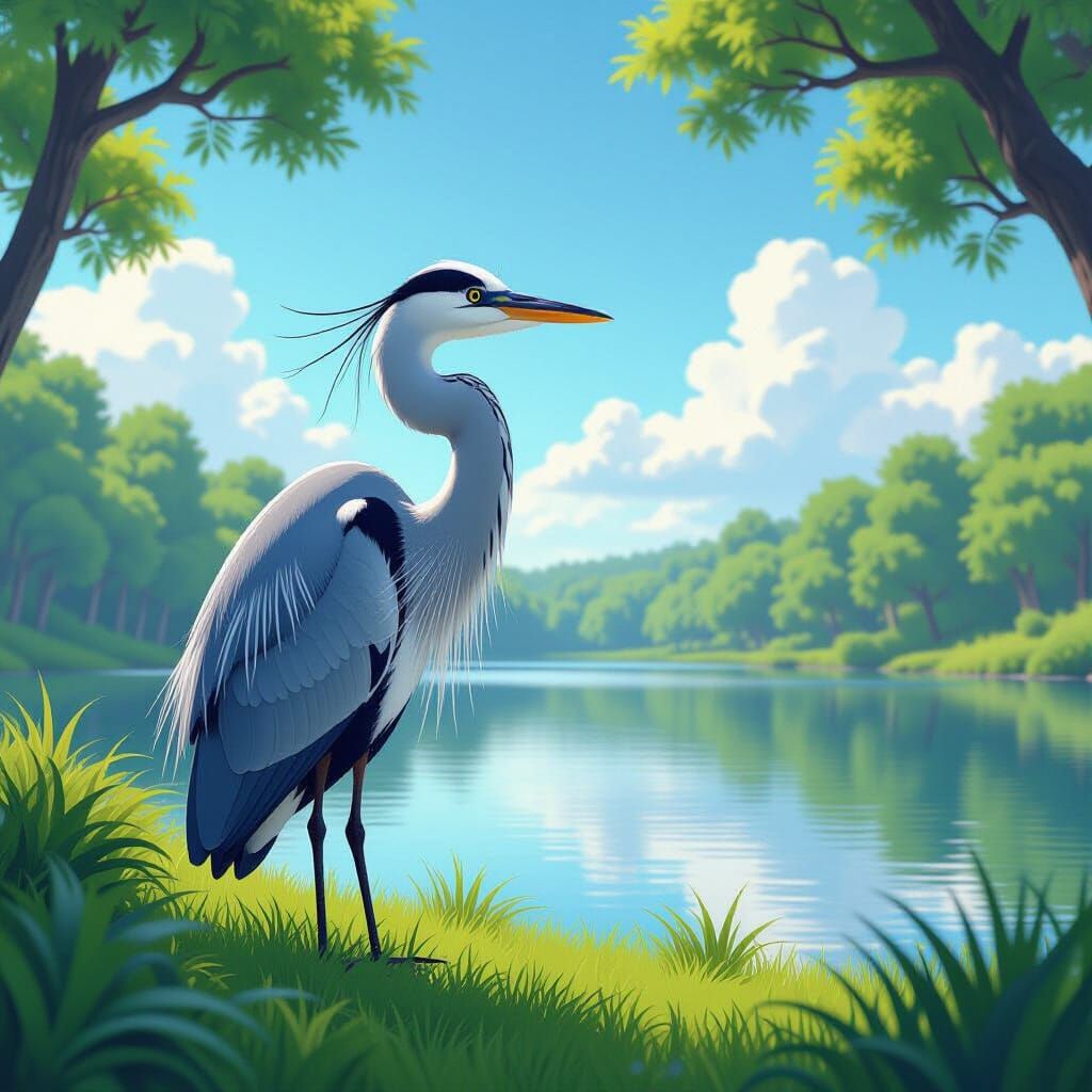 Grey Heron by Lake in Forest, Neo-Impressionist Style