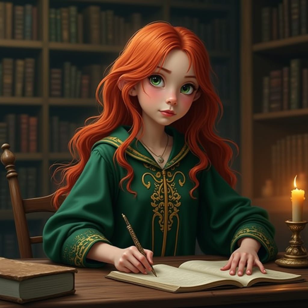 Slytherin Robe Clad Redhead Studies Ancient Tomes in Hogwart...