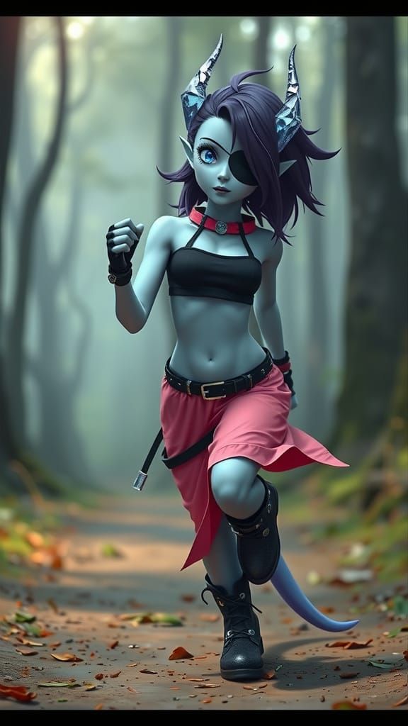 Ethereal Asian Tiefling Woman in Misty Woodland