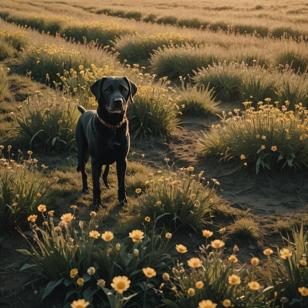 Black Labrador Walks in Flowered Field at Sunset