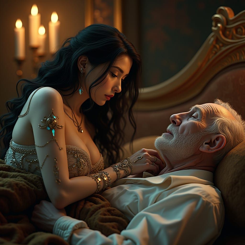 Android Siren Tenderly Gazes at Aged Gentleman in Warm, Gold...