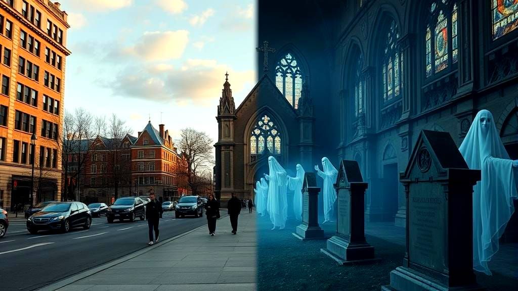 Surreal Split Screen: City Life vs. Ghostly Church