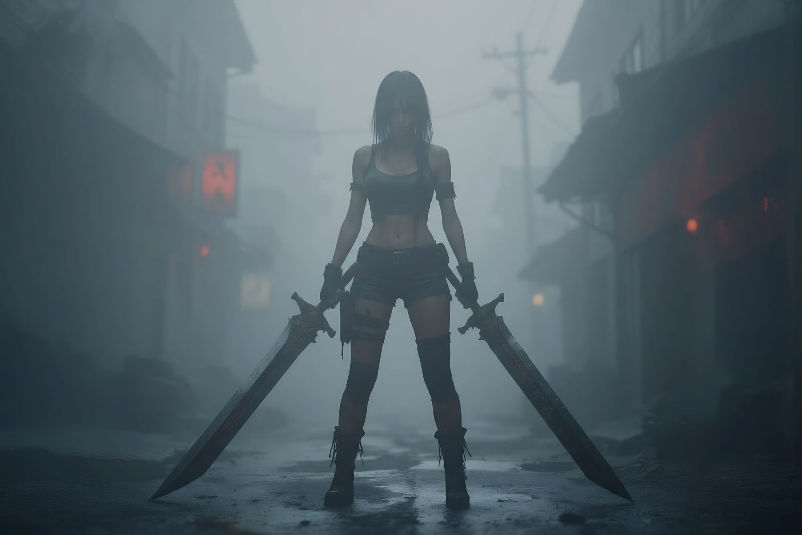 Gamer Girl with Giant Sword in Foggy Silent Hill