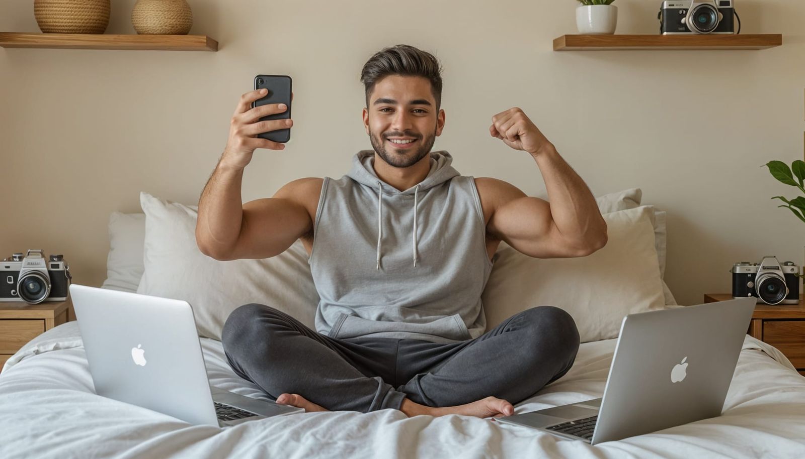 Young Man Flexing Biceps Takes a Selfie