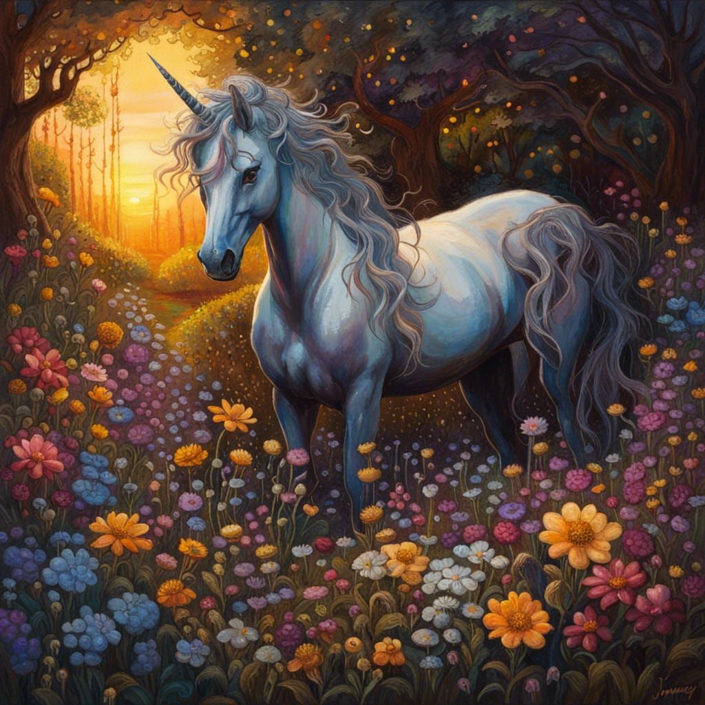 Dark Fantasy Unicorn in Cottagecore Meadow