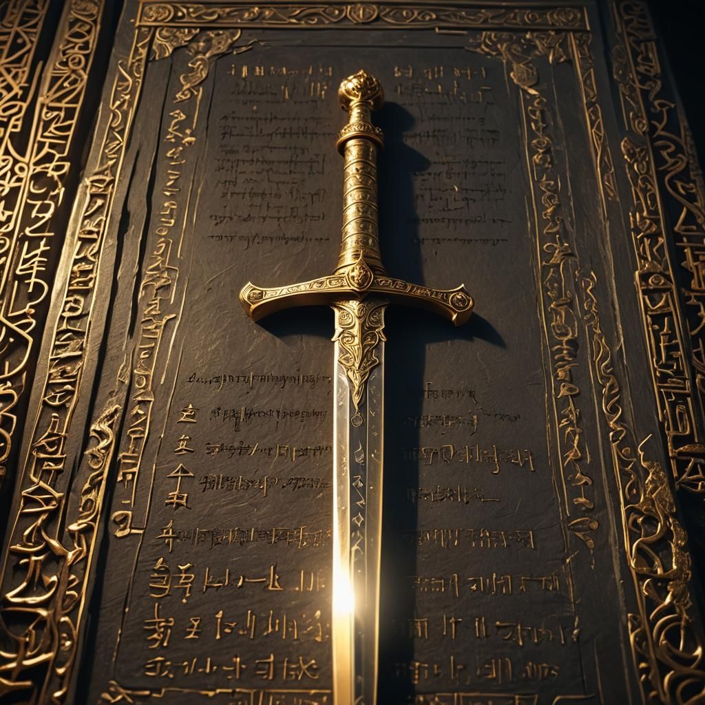 Golden Sword on Mystic Altar with Ancient Scriptures
