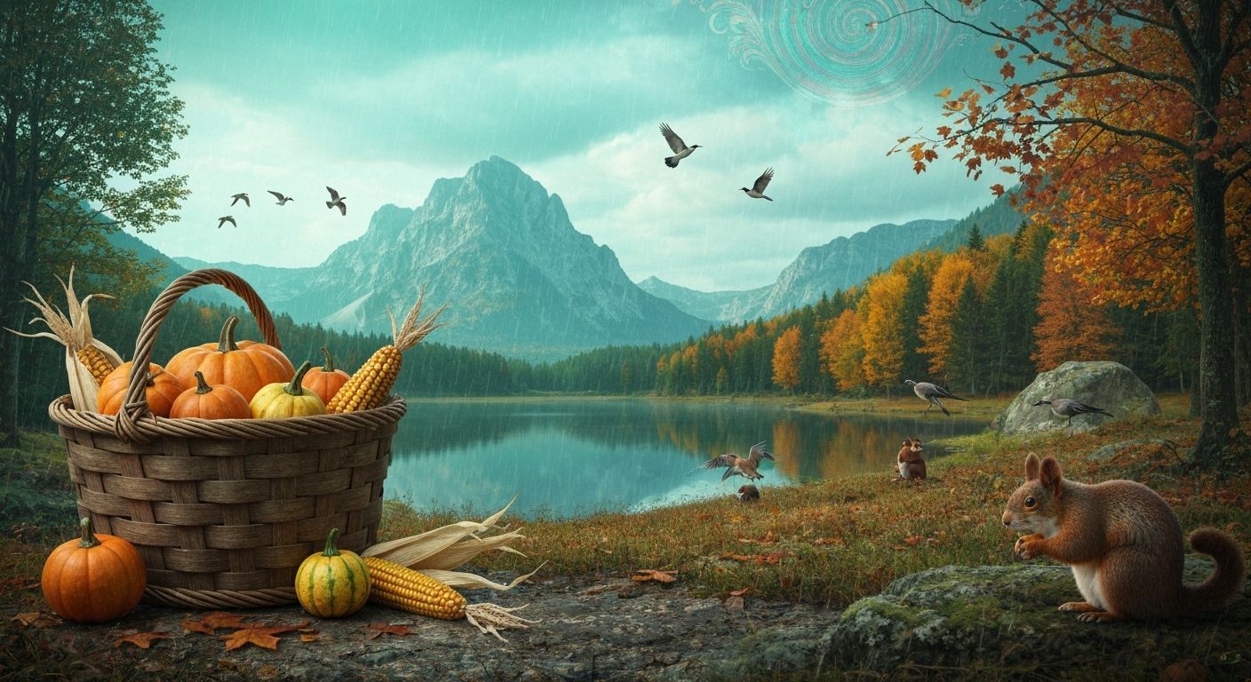 Surreal Autumn Landscape with Migrating Birds and Mountains