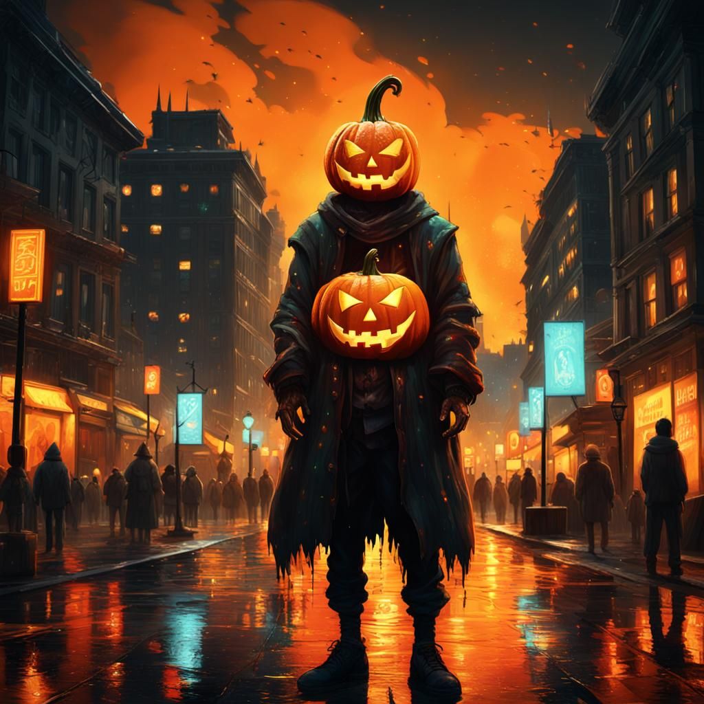 Pumpkin-Headed Figure in Dystopian City Square
