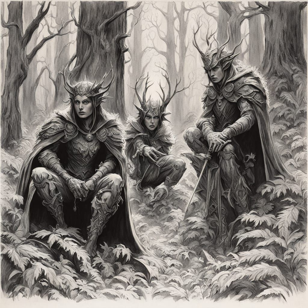 Wood Elves Gather in Dark Forest: Fantasy Art