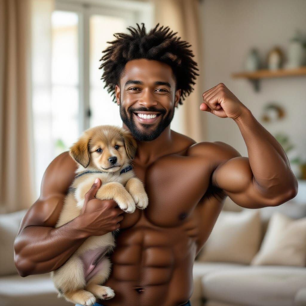 Muscular Man Holding Puppy in Cozy Living Room