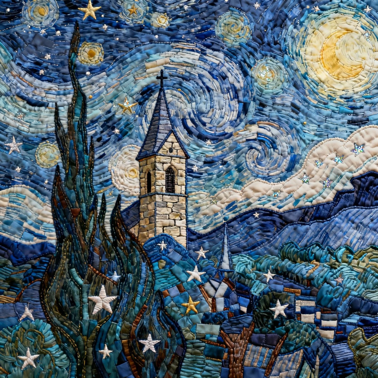 Van Gogh Inspired Mosaic Quilt Art of Church Tower