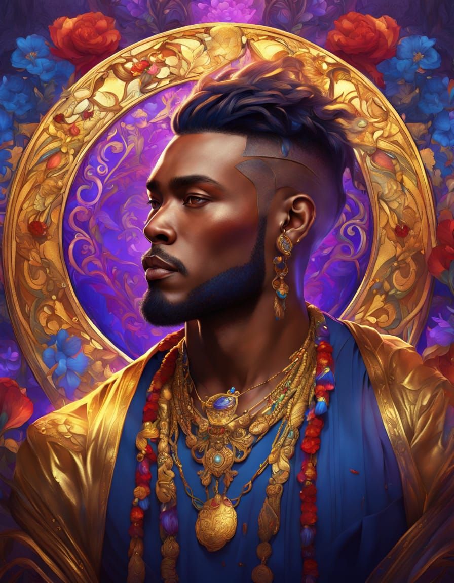Serene Muscular Man Adorned in Gold and Jewels