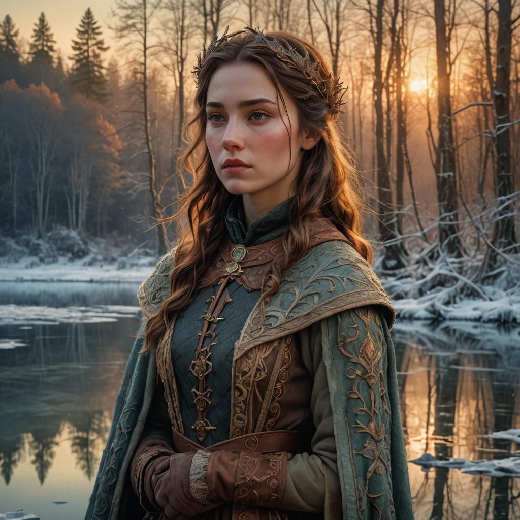 Fantasy Portrait: Woman by Frozen Lake in Art Nouveau Style