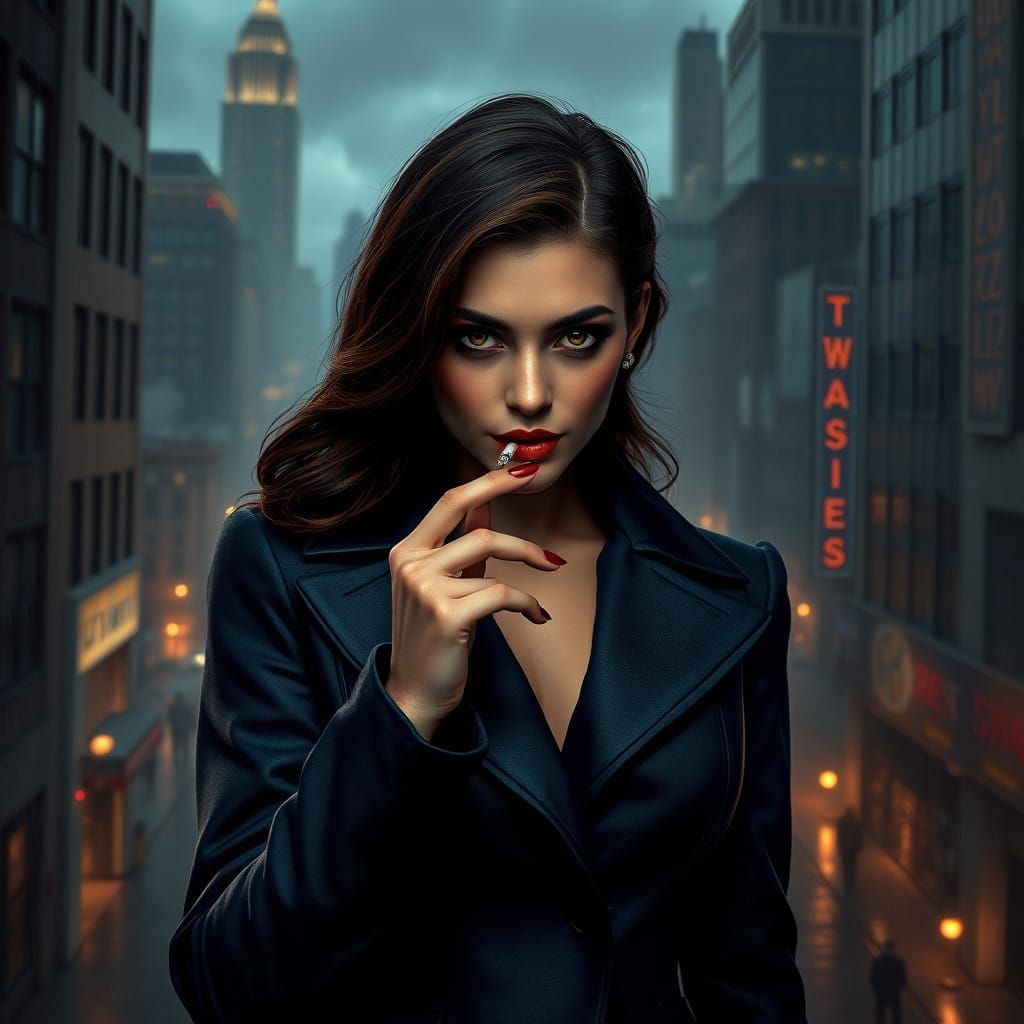 Dark Noir Woman in Rainy Cityscape