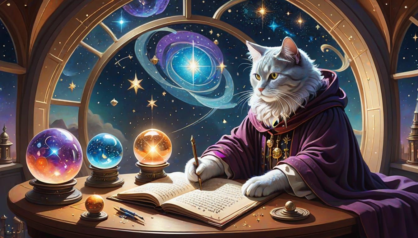 Celestial Scholar Mapping Stars in Magical Observatory