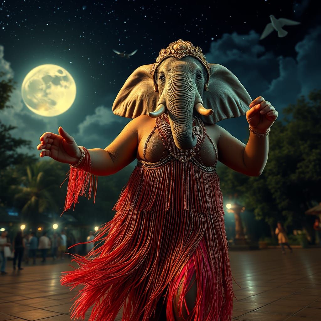 Elephant Lady Dancing in Moonlit Square