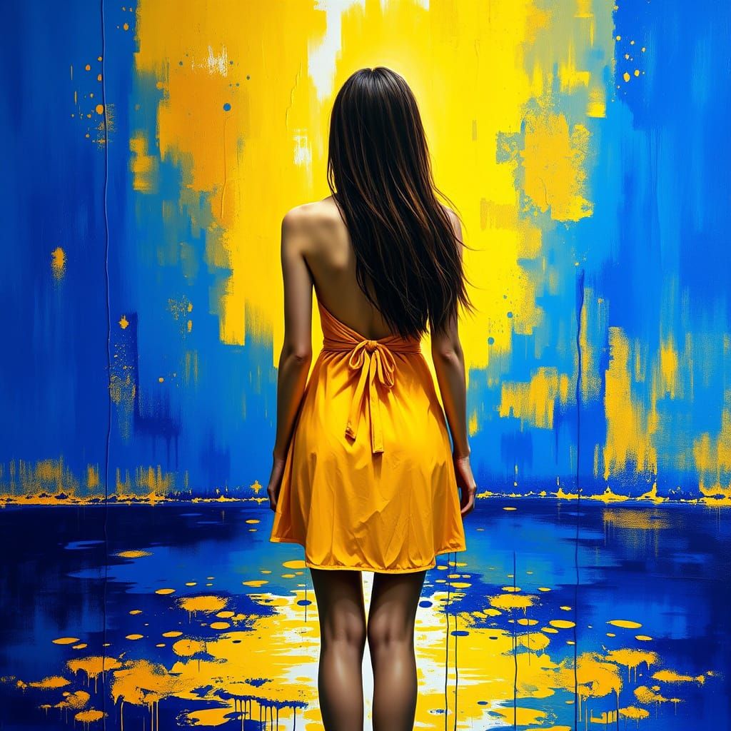 Slender Figure Silhouetted in Vibrant Yellow and Blue