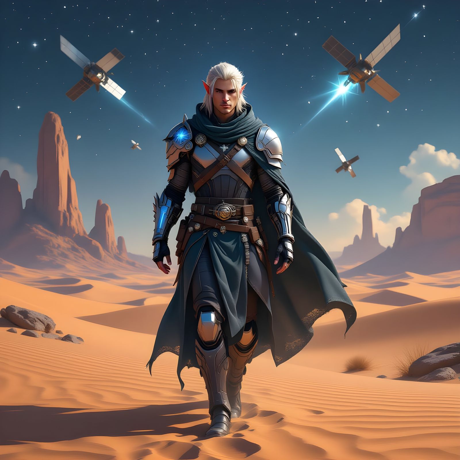 Starlit Elf Wanderer with Cybernetic Arm in Futuristic Deser...