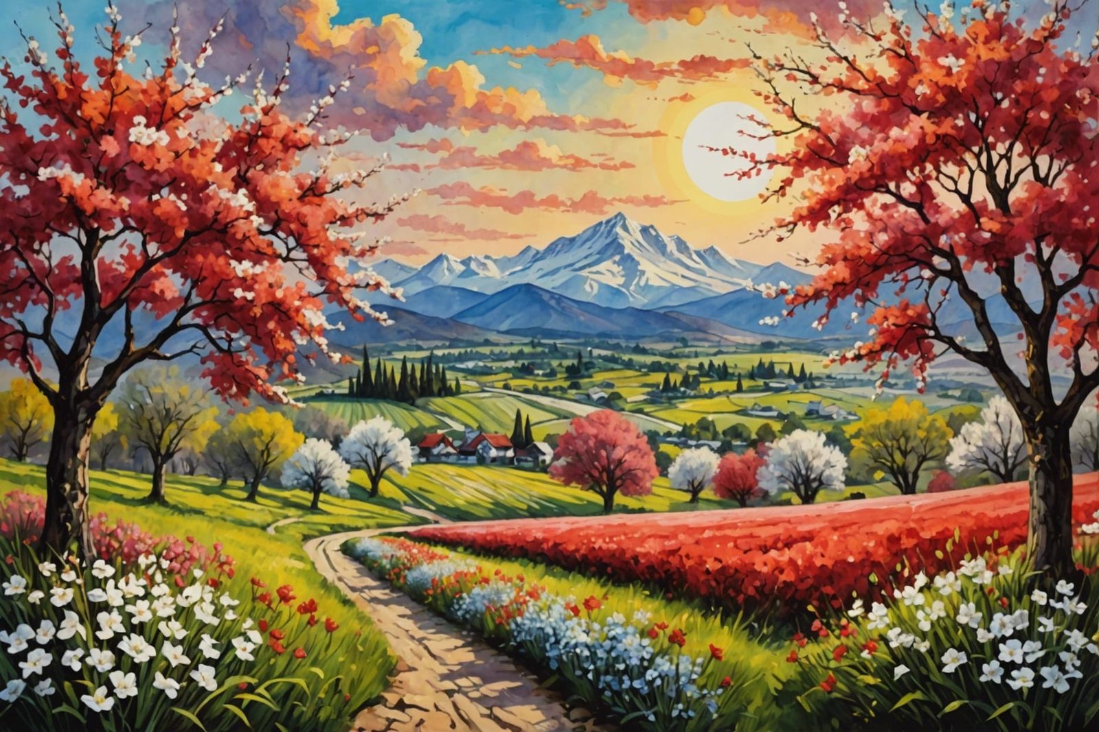 Orchard of Blooming Peach Trees: A Detailed Illustration