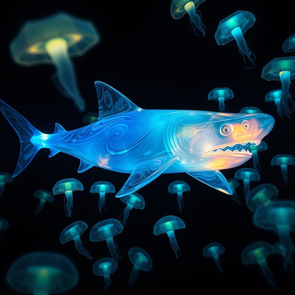 Glass Shark Glides through Ocean in Ethereal Glow