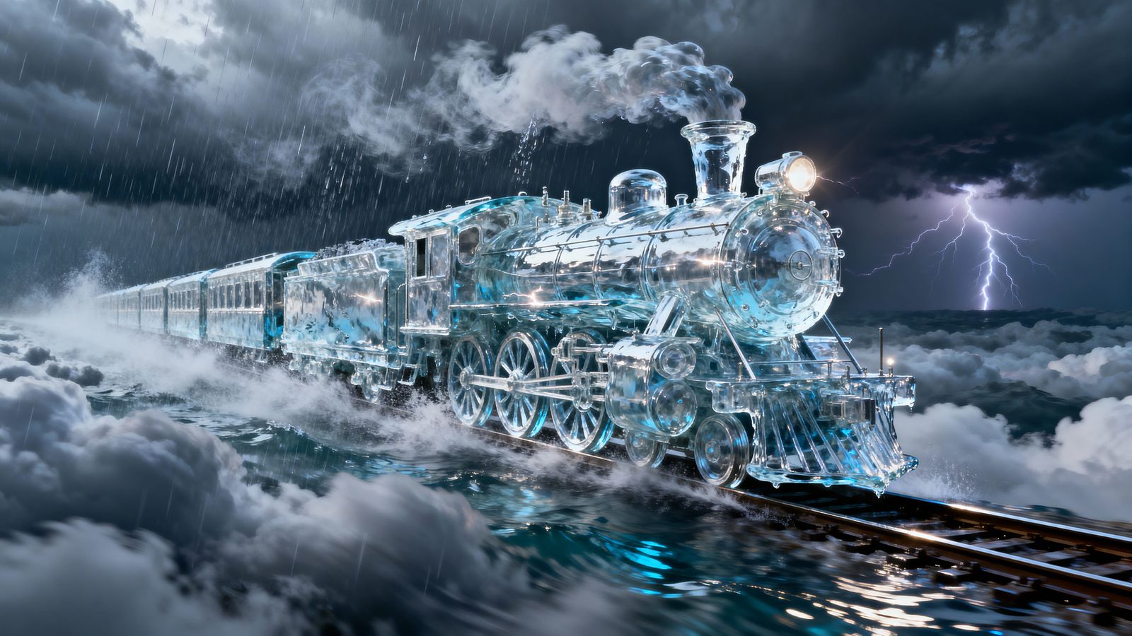 Steam train made entirely of flowing water