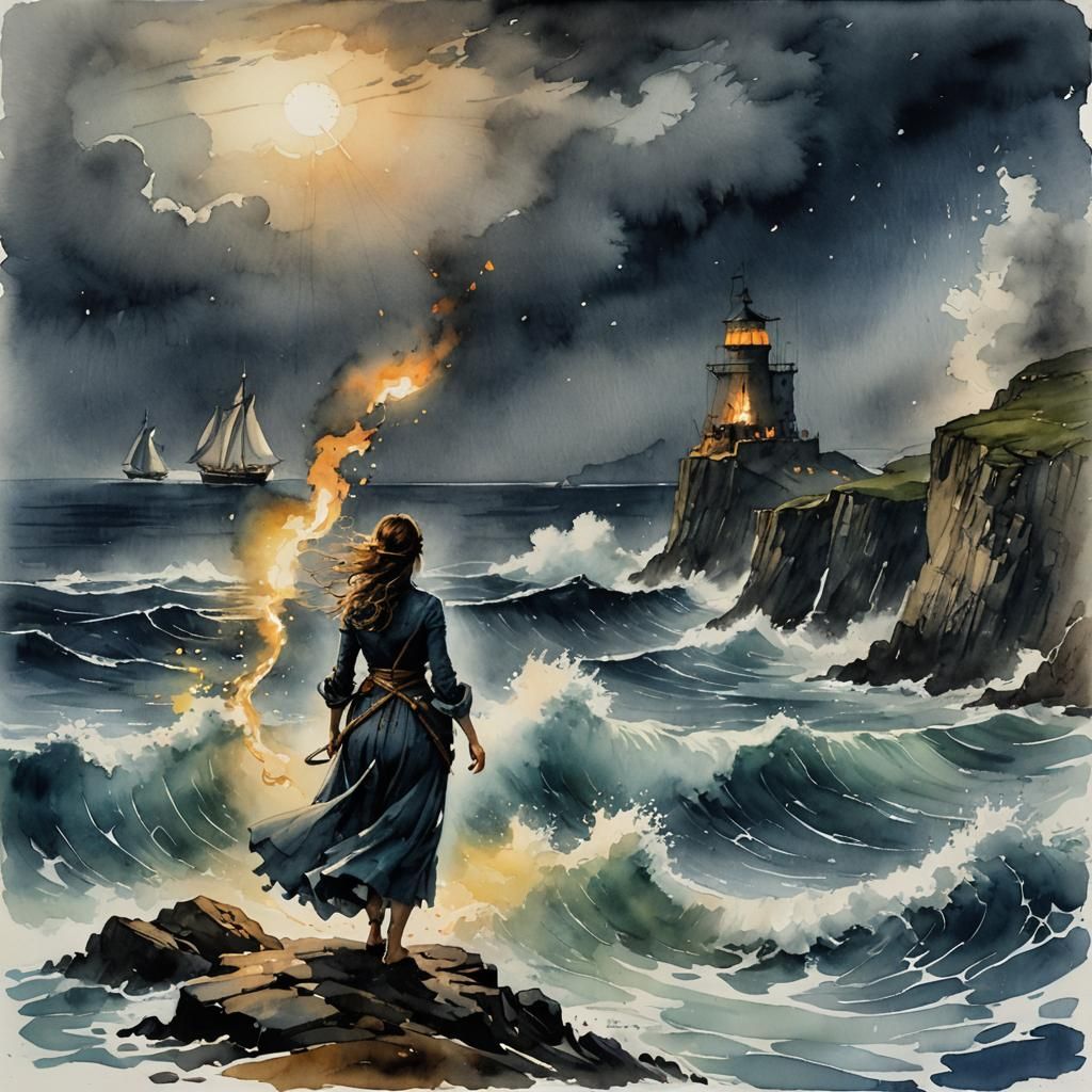 Fantasy Watercolor: Shipwrecked Girl with Torch