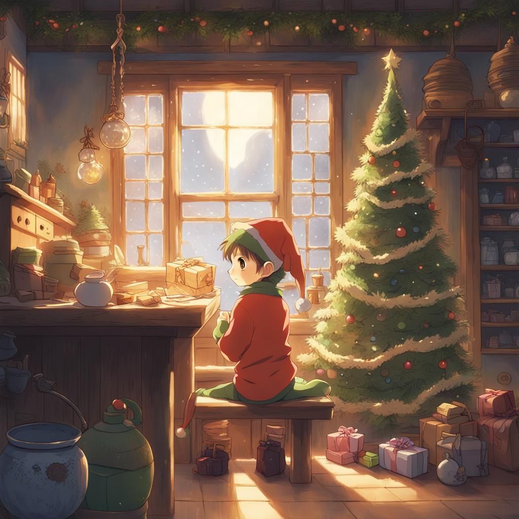 Charming Christmas Elf in Studio Ghibli Style