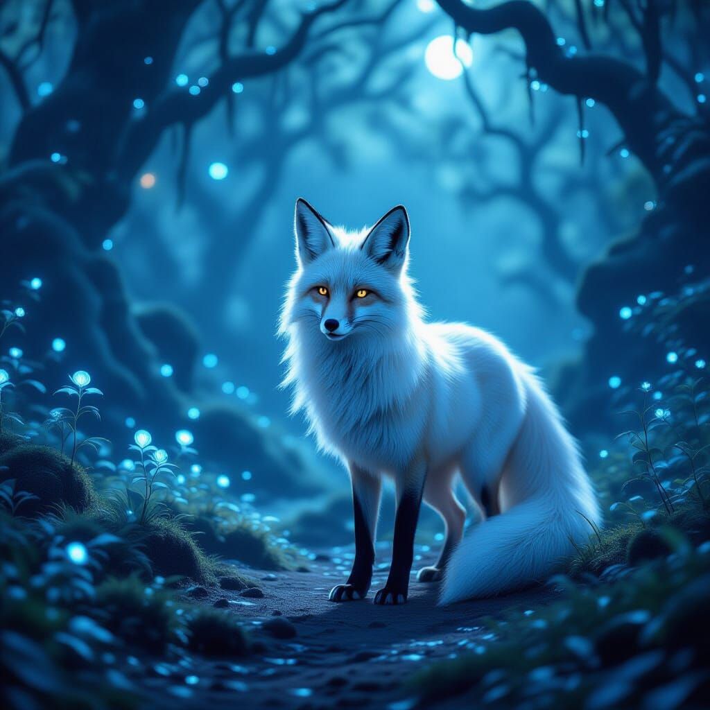 Majestic Nine-Tailed Fox in Glowing Ancient Forest
