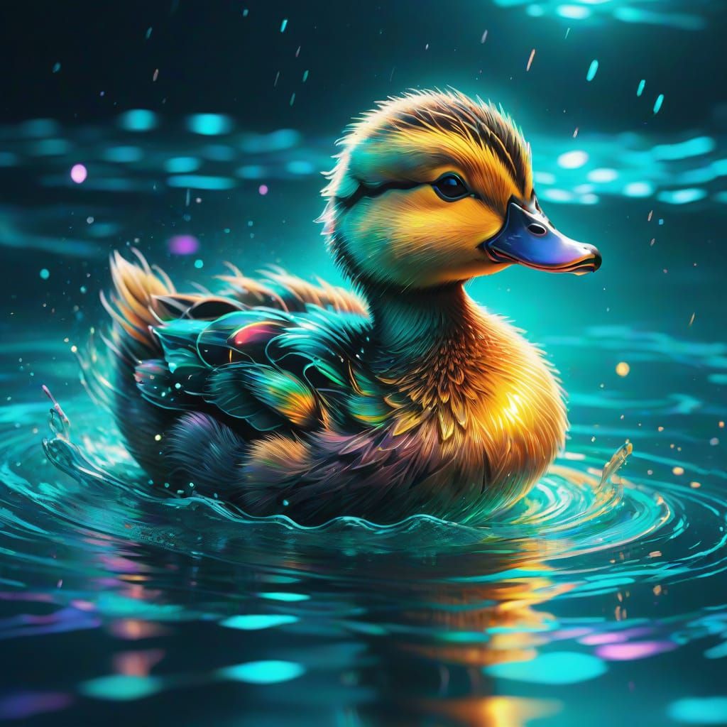 A cosmic fluffy baby duck running after time, on turquoise w...