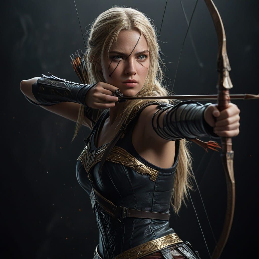 Blonde Warrior Woman Shooting Bow and Arrow